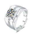Split-Shoulder Round Moissanite Men's Wedding Ring with CZ in white gold-plated S925 sterling silver on clean white background