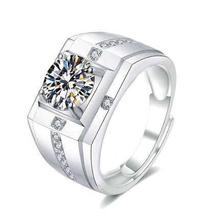 Split-Shoulder Round Moissanite Men's Wedding Ring with CZ in white gold-plated S925 sterling silver on clean white background