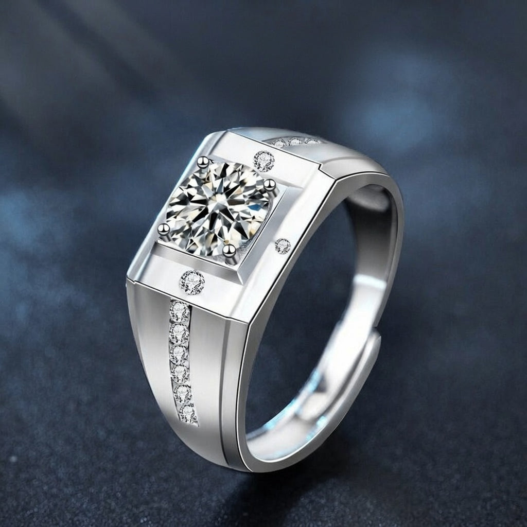 Split-Shoulder Round Moissanite Men's Wedding Ring with CZ close-up detail view with moissanite sparkle