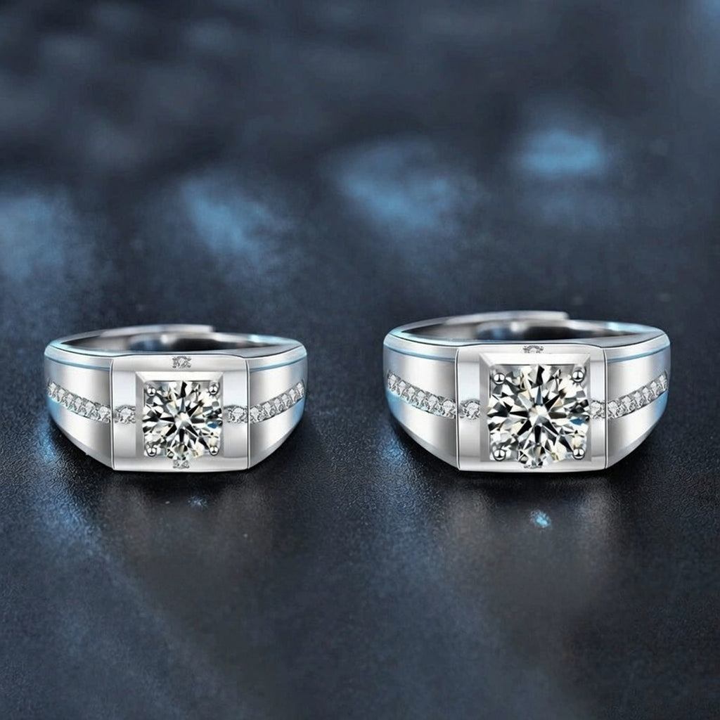 Split-Shoulder Round Moissanite Men's Wedding Ring with CZ close-up detail view with moissanite sparkle