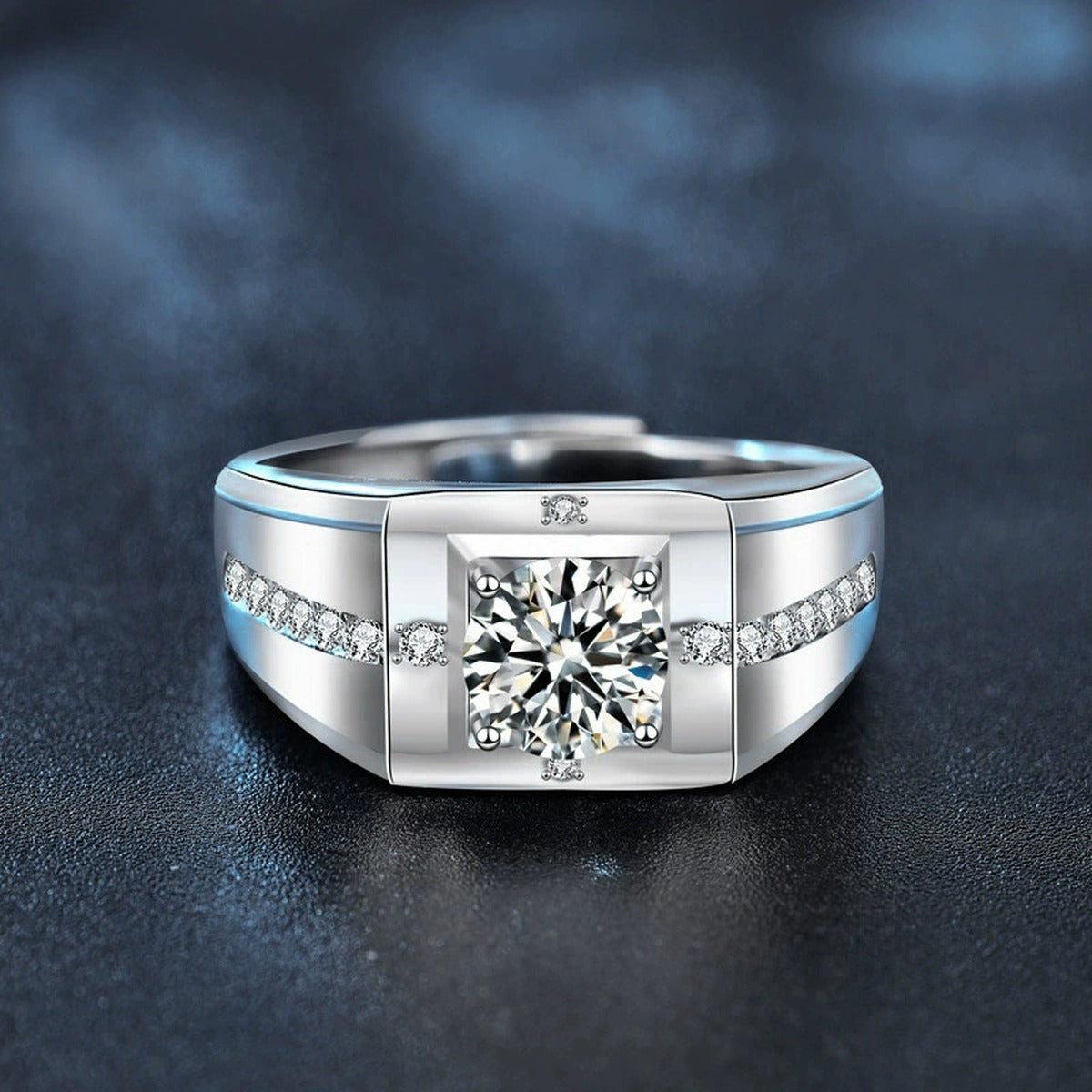 Split-Shoulder Round Moissanite Men's Wedding Ring with CZ close-up detail view with moissanite sparkle
