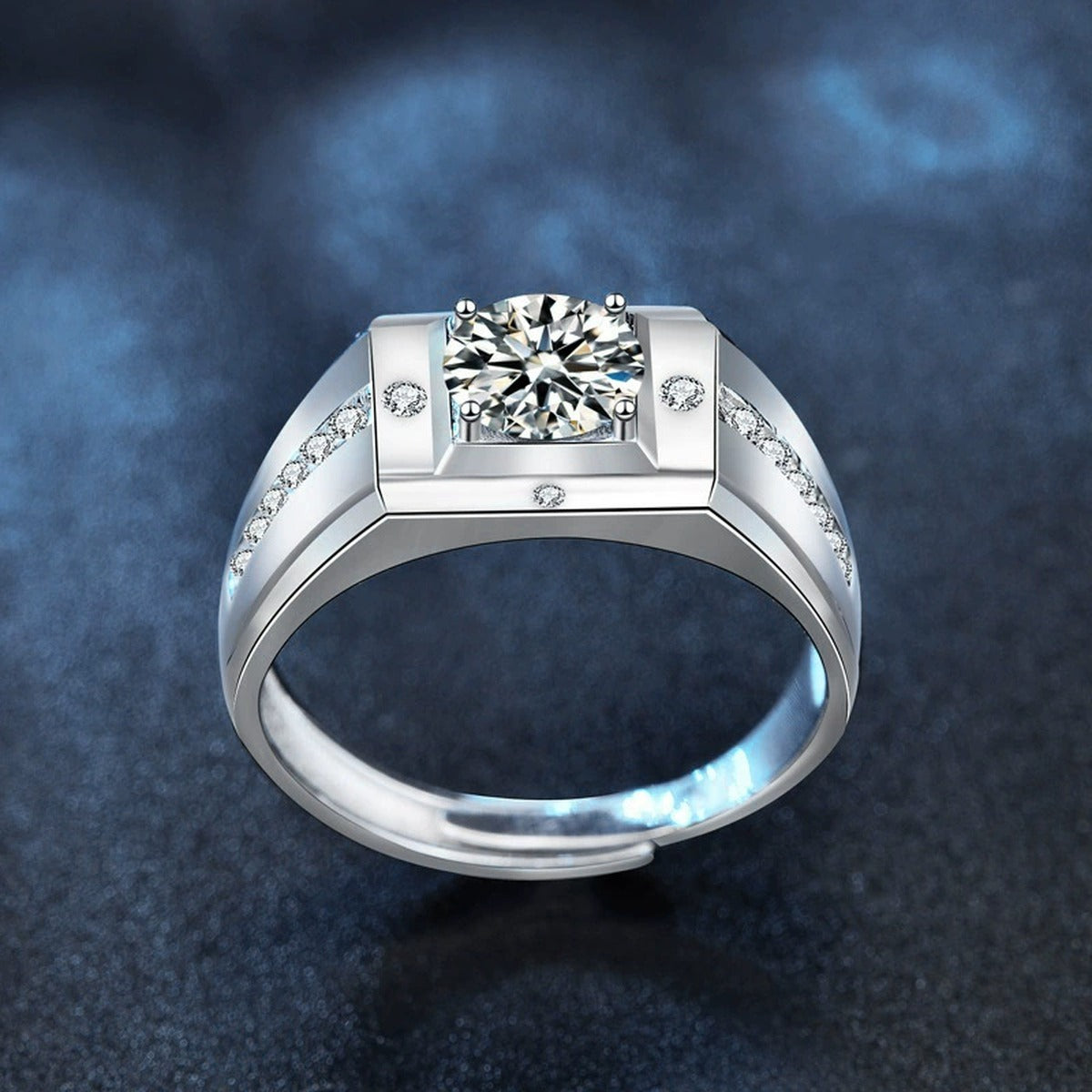 Split-Shoulder Round Moissanite Men's Wedding Ring with CZ close-up detail view with moissanite sparkle