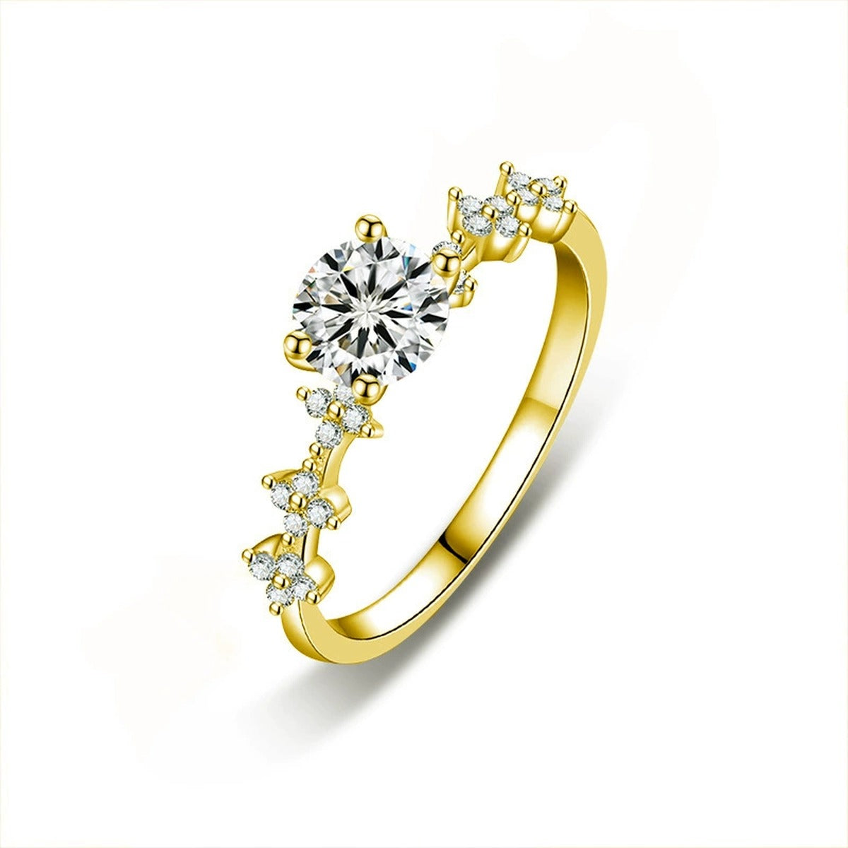 Four-Prong Round Moissanite Engagement Ring with CZ in gold-plated S925 sterling silver on clean white background