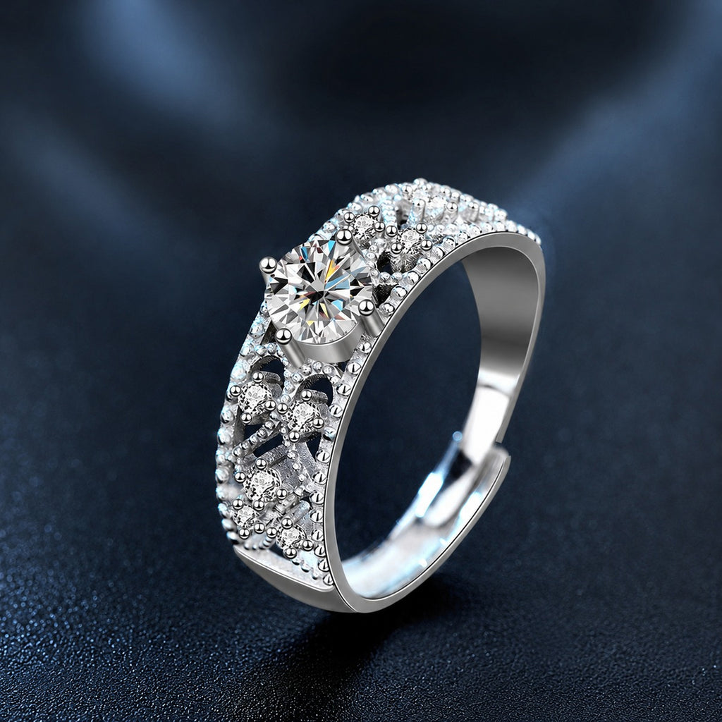 Vintage Round Moissanite Adjustable Wedding Ring with CZ close-up detail view with moissanite sparkle