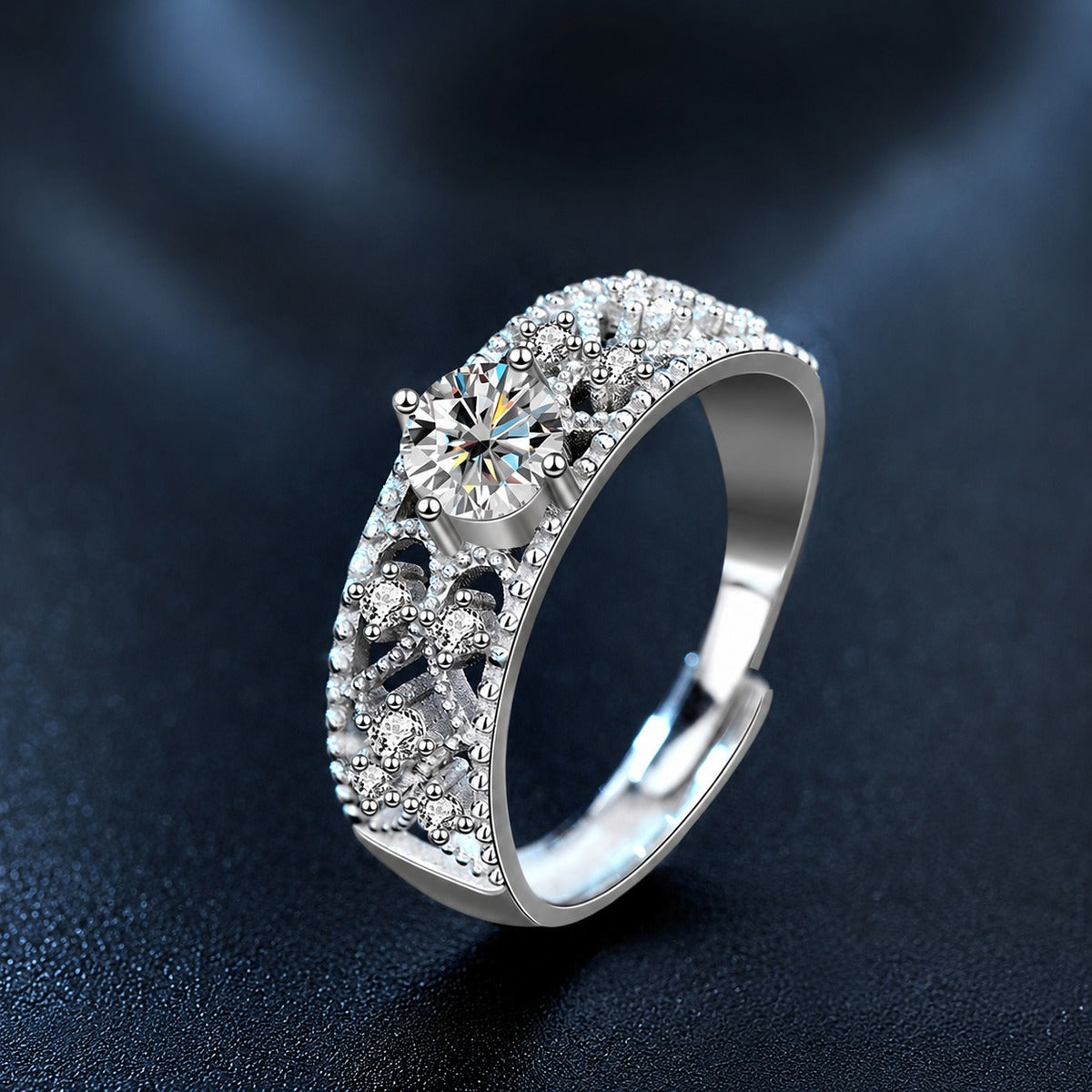 Vintage Round Moissanite Adjustable Wedding Ring with CZ close-up detail view with moissanite sparkle