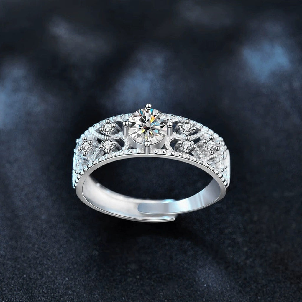 Vintage Round Moissanite Adjustable Wedding Ring with CZ close-up detail view with moissanite sparkle