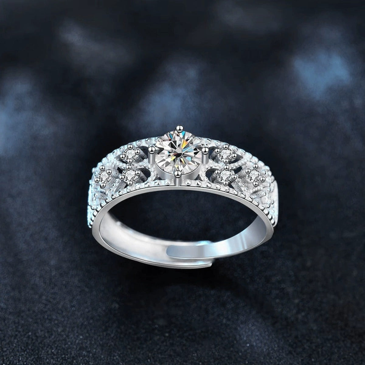 Vintage Round Moissanite Adjustable Wedding Ring with CZ close-up detail view with moissanite sparkle