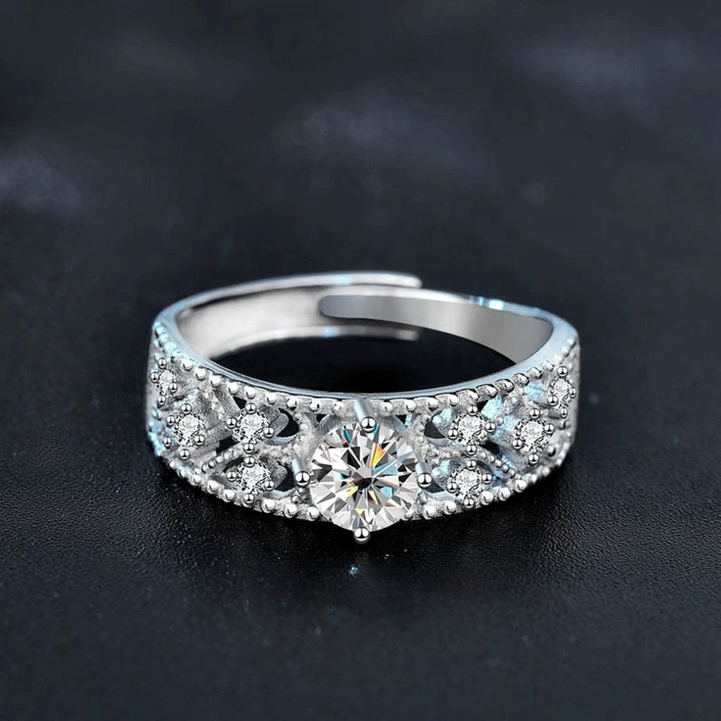 Vintage Round Moissanite Adjustable Wedding Ring with CZ close-up detail view with moissanite sparkle
