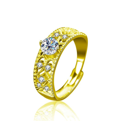 Vintage Round Moissanite Adjustable Wedding Ring with CZ in gold-plated S925 sterling silver on clean white background