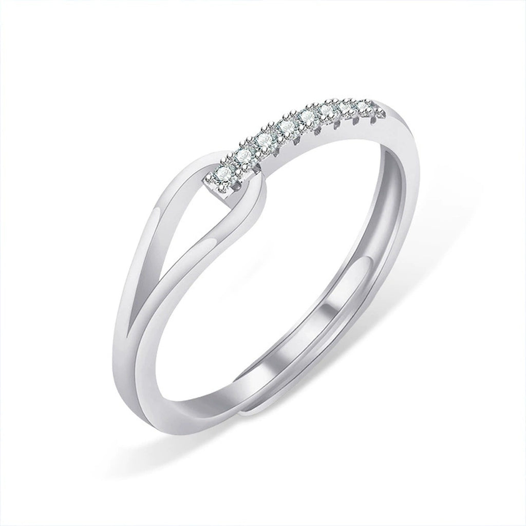 Open Curve Round Moissanite Adjustable Wedding Band in white gold-plated S925 sterling silver on clean white background