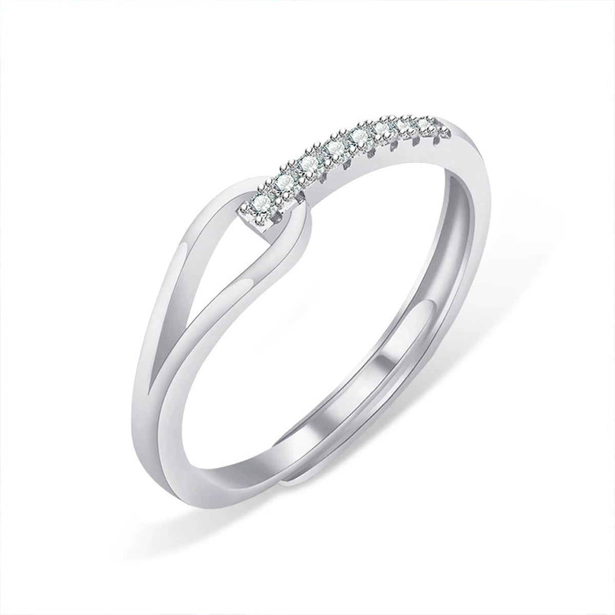 Open Curve Round Moissanite Adjustable Wedding Band in white gold-plated S925 sterling silver on clean white background