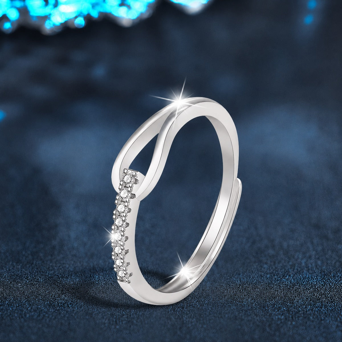 Open Curve Round Moissanite Adjustable Wedding Band close-up detail view with moissanite sparkle