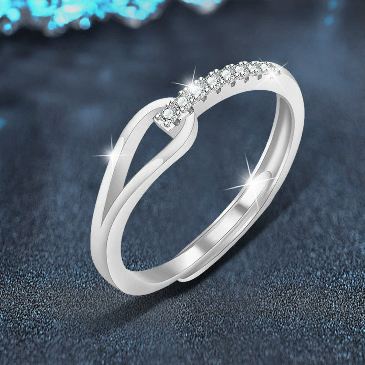 Open Curve Round Moissanite Adjustable Wedding Band close-up detail view with moissanite sparkle