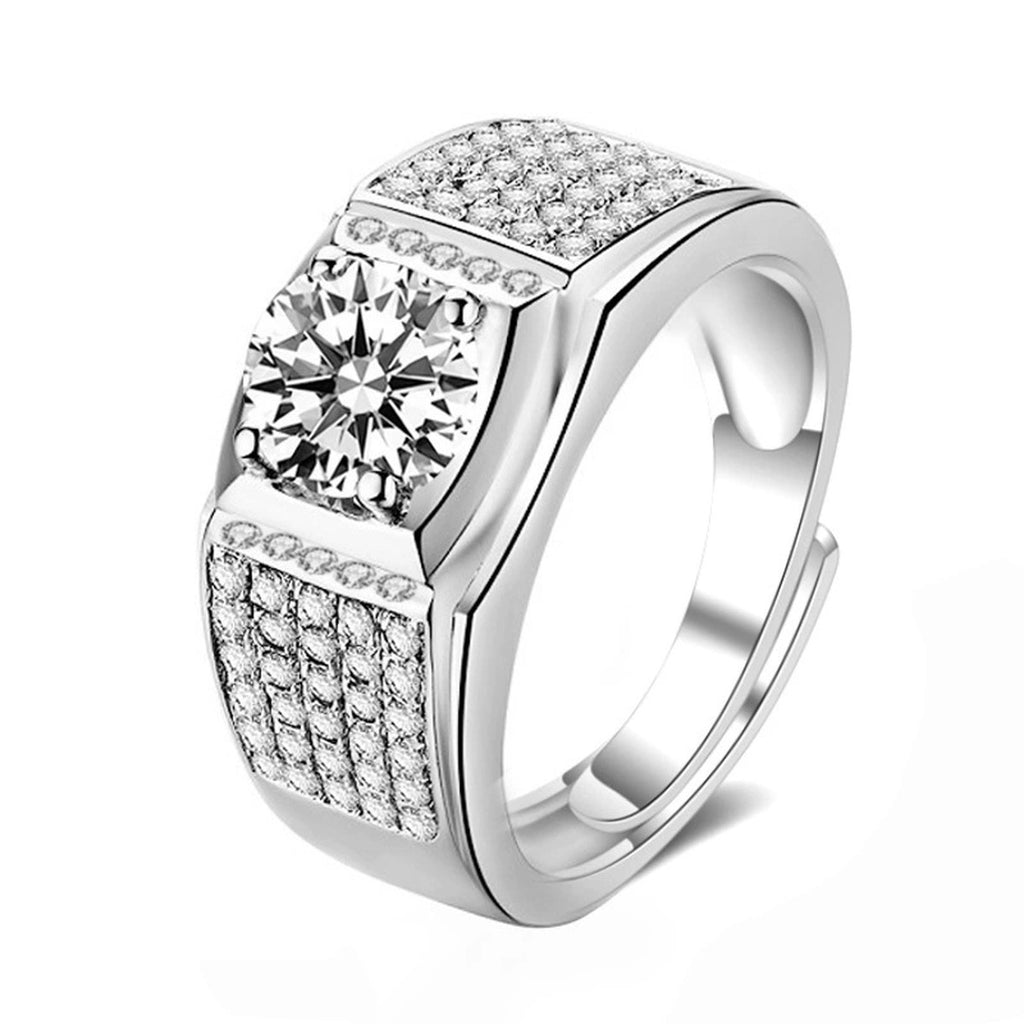 Pave Halo Round Moissanite Men's Wedding Ring with CZ in white gold-plated S925 sterling silver on clean white background