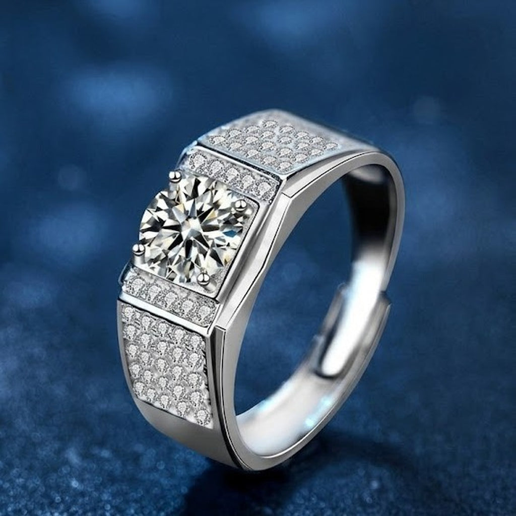 Pave Halo Round Moissanite Men's Wedding Ring with CZ close-up detail view with moissanite sparkle