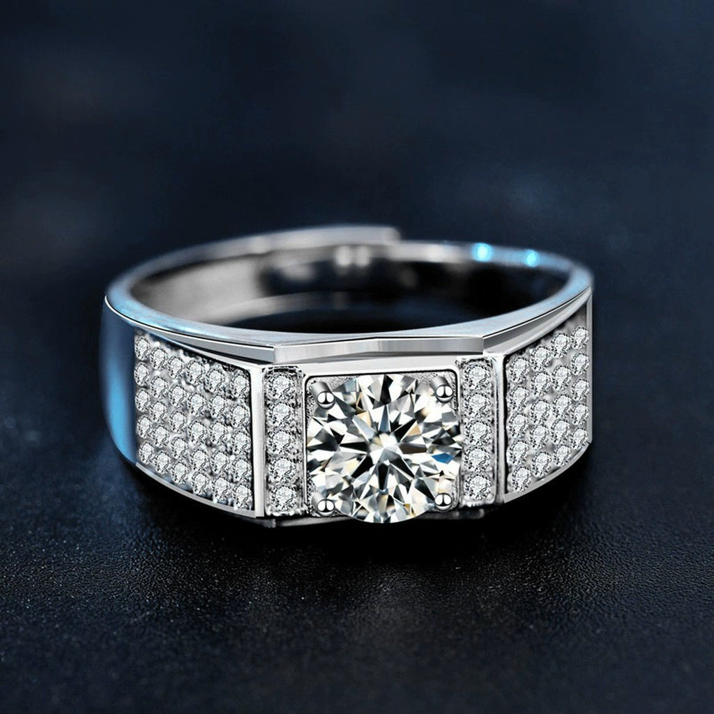 Pave Halo Round Moissanite Men's Wedding Ring with CZ close-up detail view with moissanite sparkle