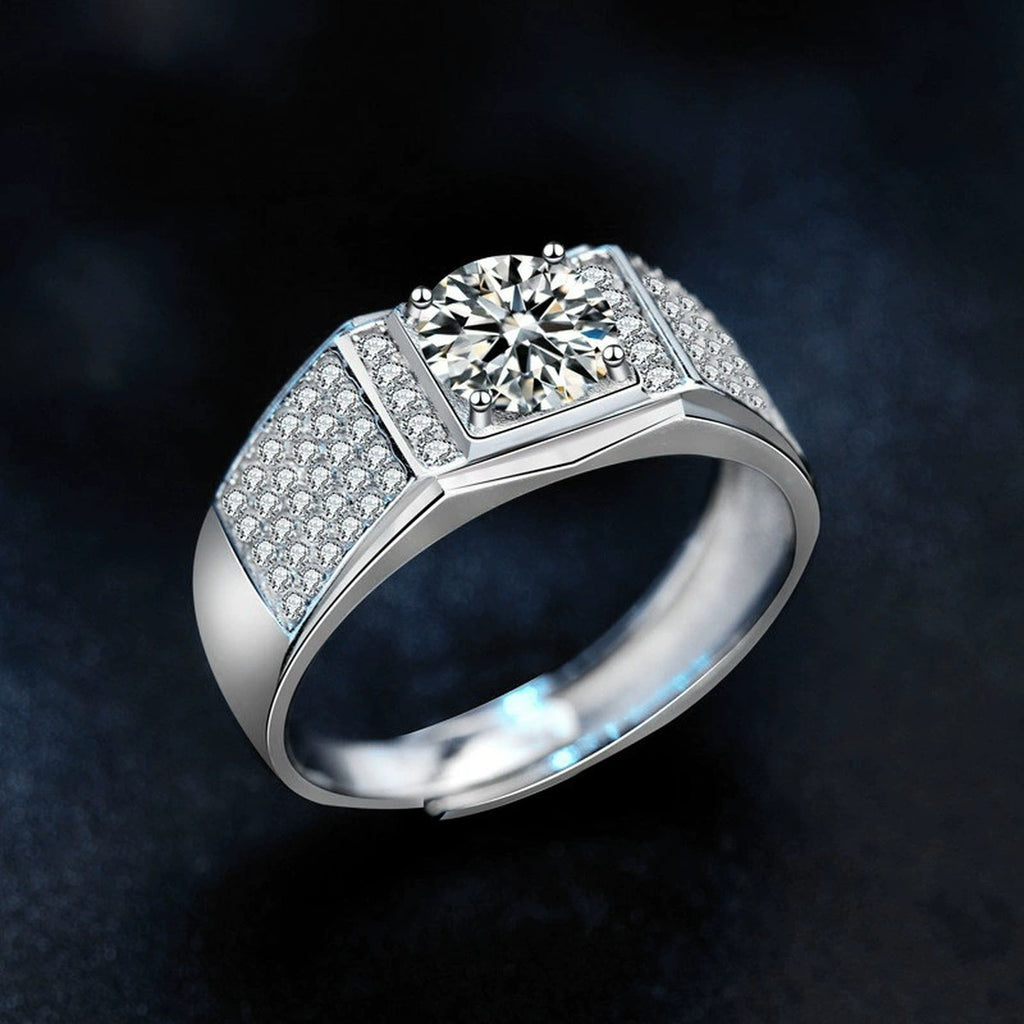 Pave Halo Round Moissanite Men's Wedding Ring with CZ close-up detail view with moissanite sparkle