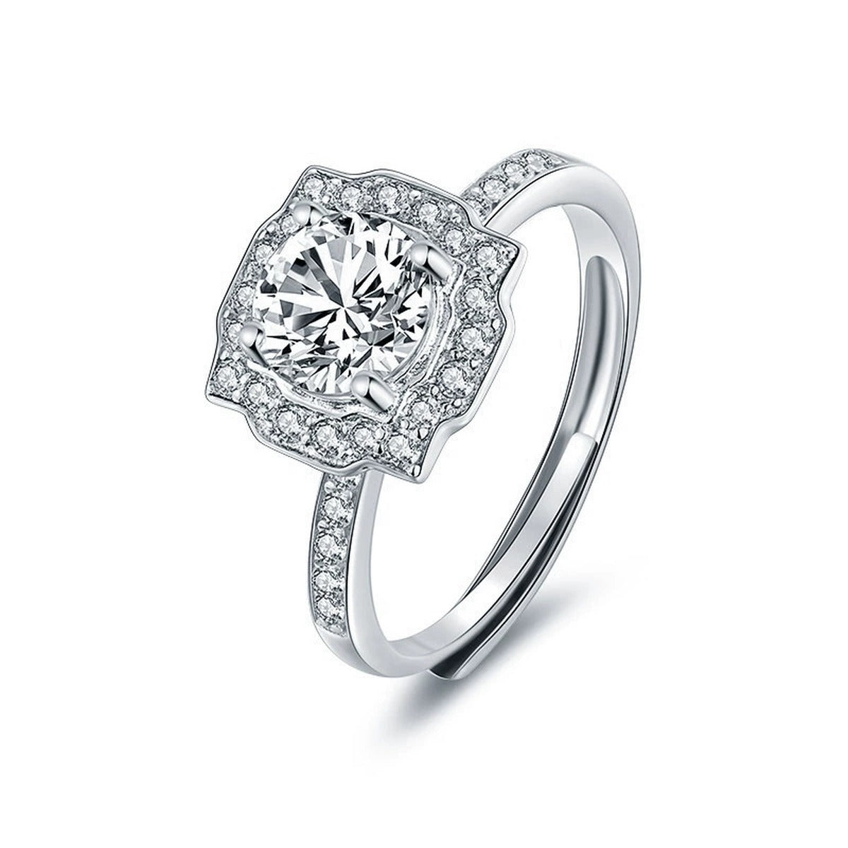 Round Moissanite Adjustable Engagement Ring with CZ in gold-plated S925 sterling silver on clean white background