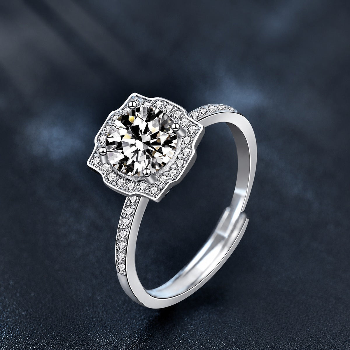 Round Moissanite Adjustable Engagement Ring with CZ close-up detail view with moissanite sparkle