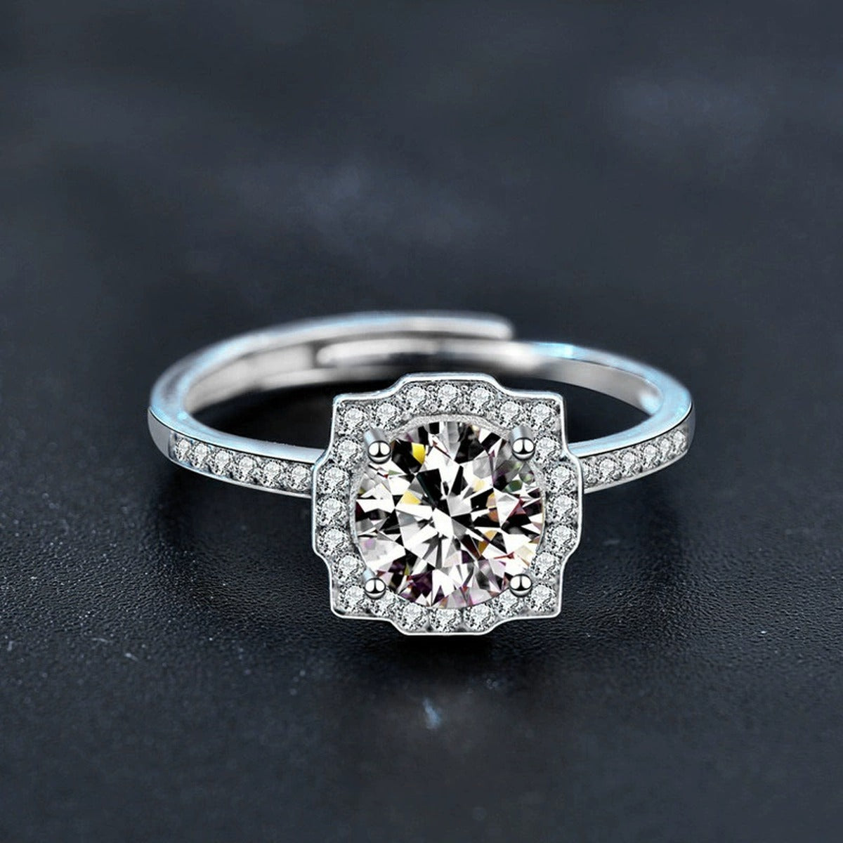 Round Moissanite Adjustable Engagement Ring with CZ close-up detail view with moissanite sparkle