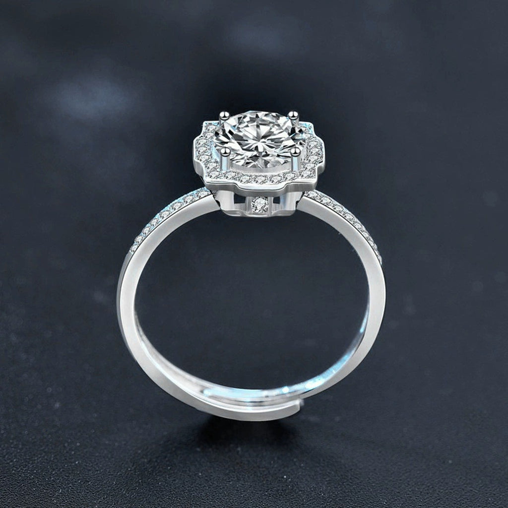 Round Moissanite Adjustable Engagement Ring with CZ close-up detail view with moissanite sparkle
