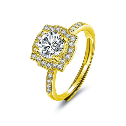 Round Moissanite Adjustable Engagement Ring with CZ in gold-plated S925 sterling silver on clean white background