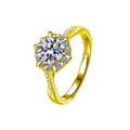 Floral Halo Round Moissanite Adjustable Engagement Ring with CZ in gold-plated S925 sterling silver on clean white background