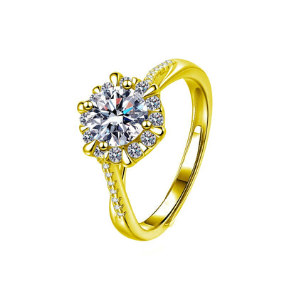 Floral Halo Round Moissanite Adjustable Engagement Ring with CZ in gold-plated S925 sterling silver on clean white background