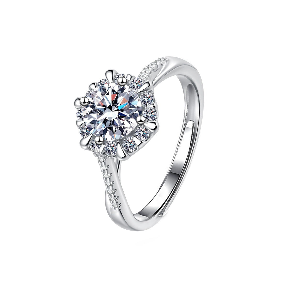 Floral Halo Round Moissanite Adjustable Engagement Ring with CZ in gold-plated S925 sterling silver on clean white background
