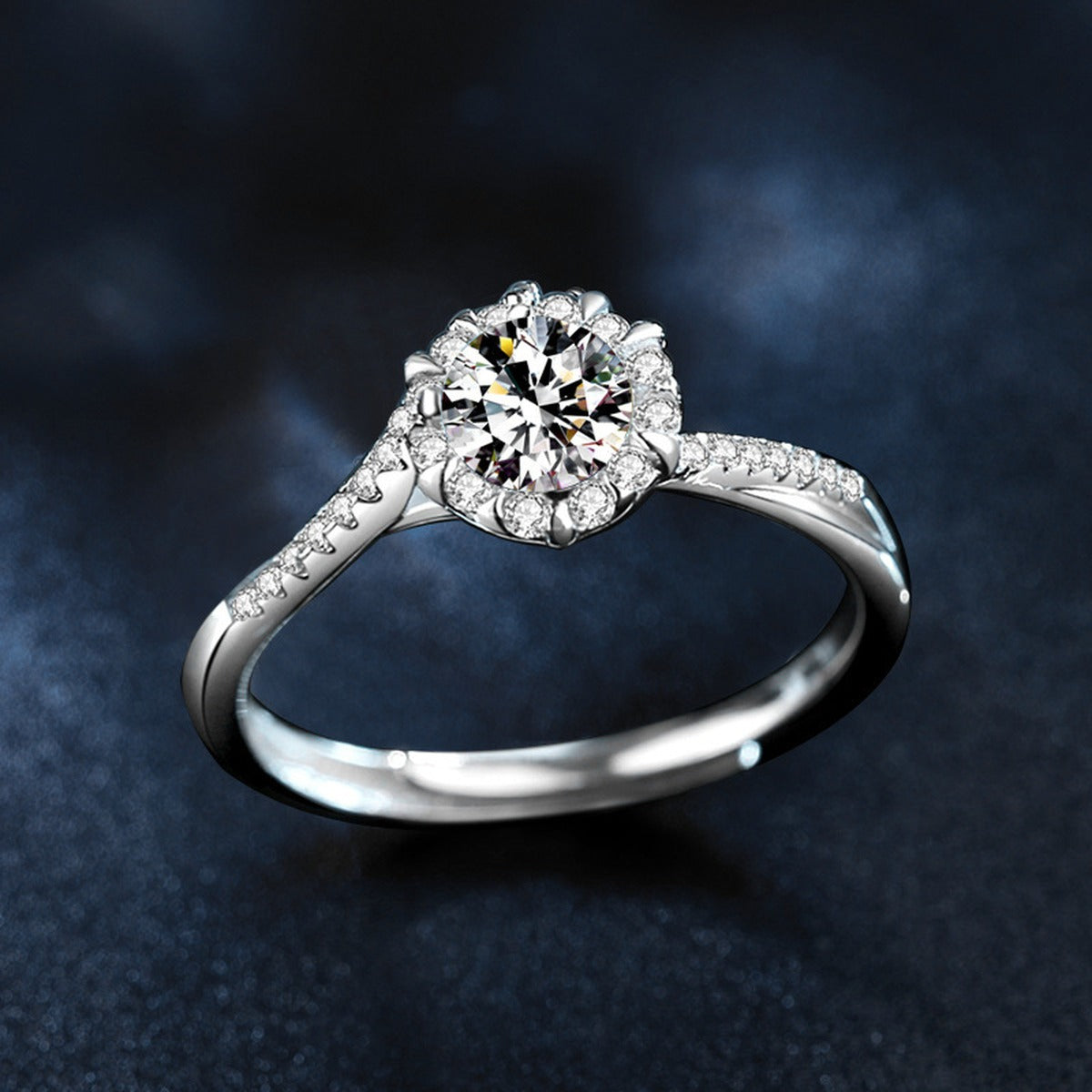 Floral Halo Round Moissanite Adjustable Engagement Ring with CZ product view showing moissanite setting and metal finish