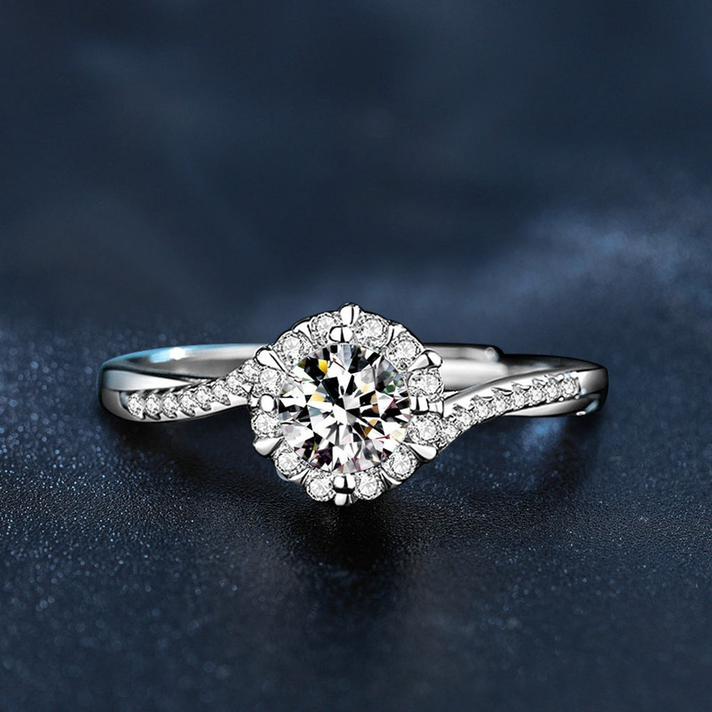 Floral Halo Round Moissanite Adjustable Engagement Ring with CZ product view showing moissanite setting and metal finish