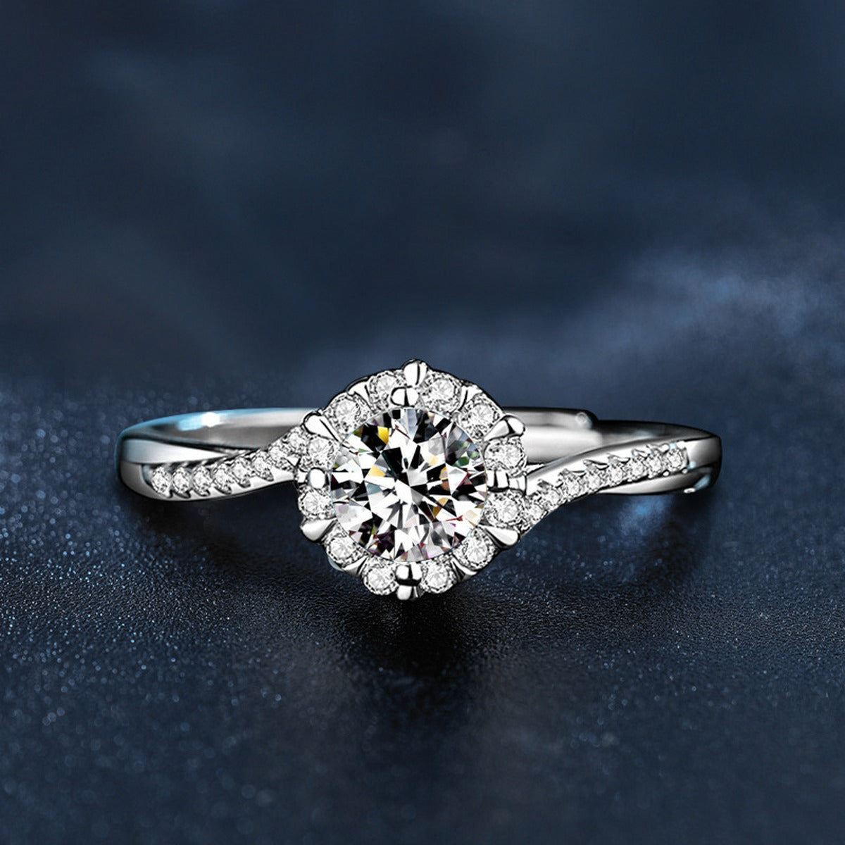 Floral Halo Round Moissanite Adjustable Engagement Ring with CZ product view showing moissanite setting and metal finish