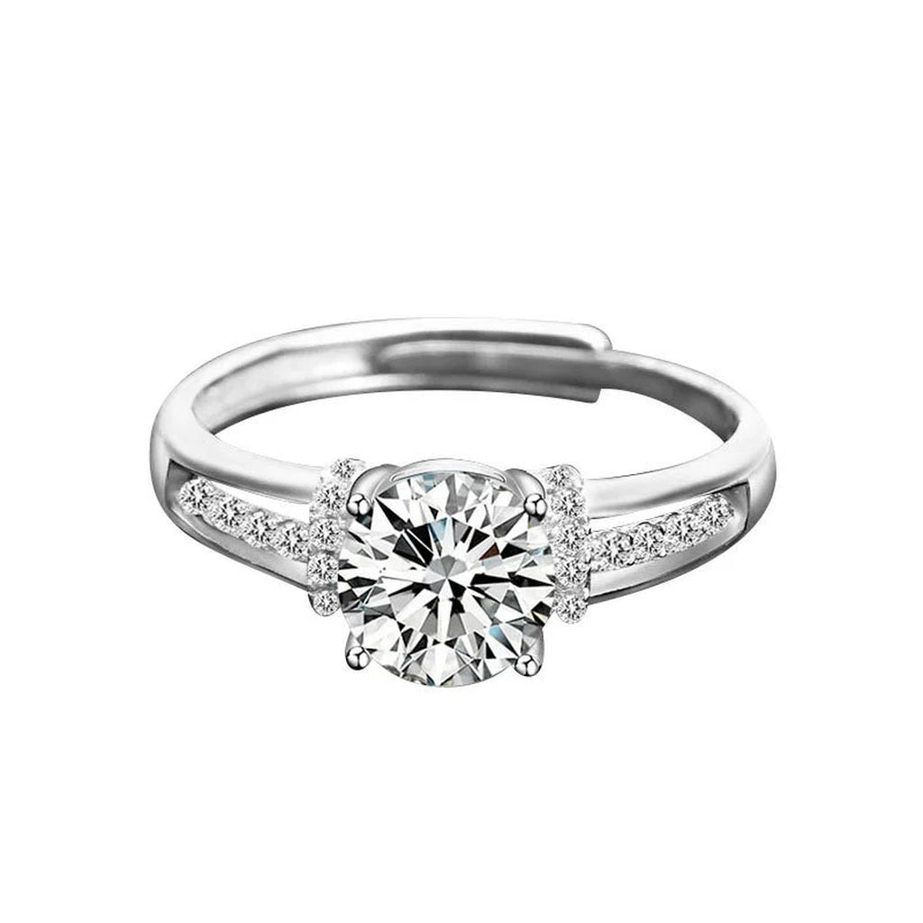 Cathedral Round Moissanite Adjustable Engagement Ring with CZ in white gold-plated S925 sterling silver on clean white background