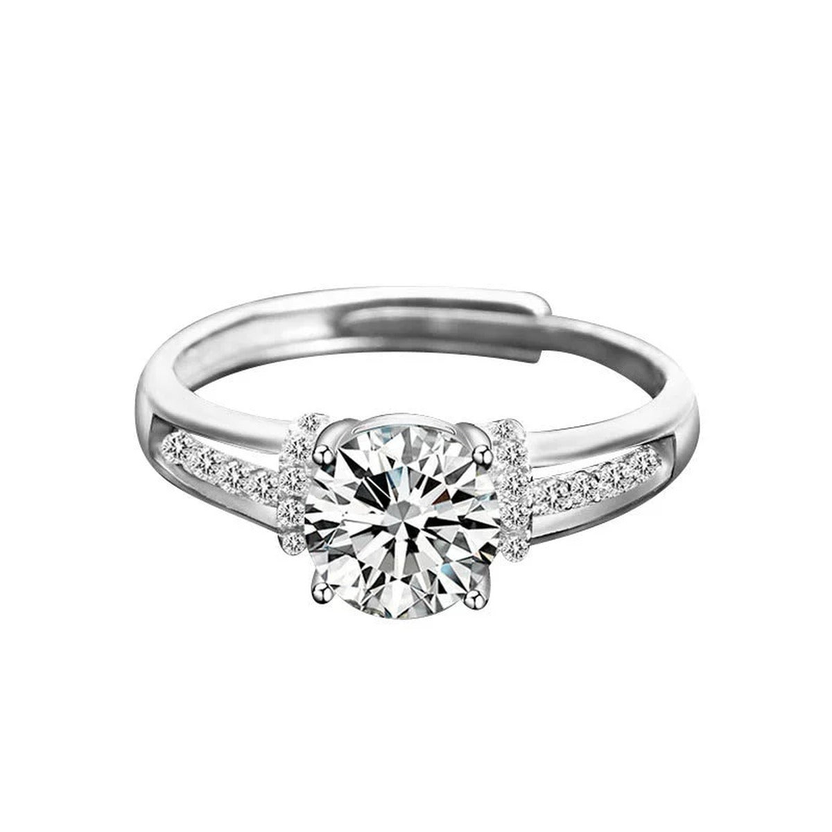 Cathedral Round Moissanite Adjustable Engagement Ring with CZ in white gold-plated S925 sterling silver on clean white background