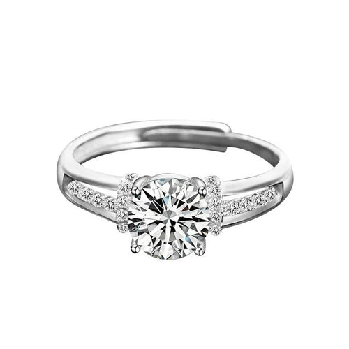 Cathedral Round Moissanite Adjustable Engagement Ring with CZ in white gold-plated S925 sterling silver on clean white background