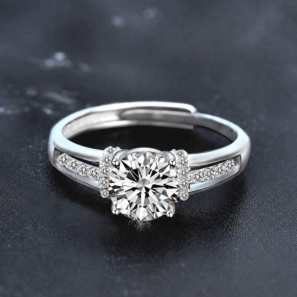Cathedral Round Moissanite Adjustable Engagement Ring with CZ close-up detail view with moissanite sparkle