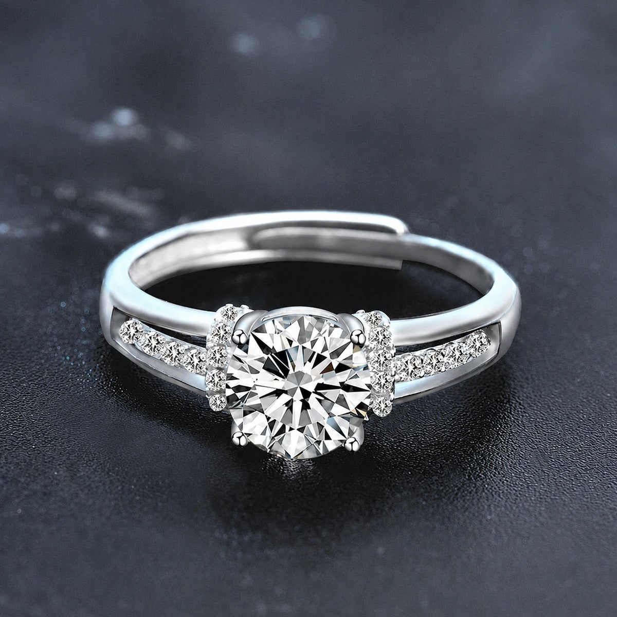 Cathedral Round Moissanite Adjustable Engagement Ring with CZ close-up detail view with moissanite sparkle