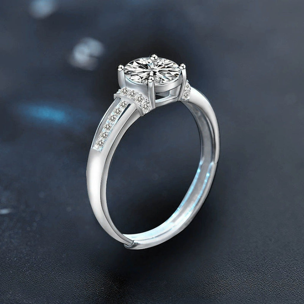 Cathedral Round Moissanite Adjustable Engagement Ring with CZ close-up detail view with moissanite sparkle