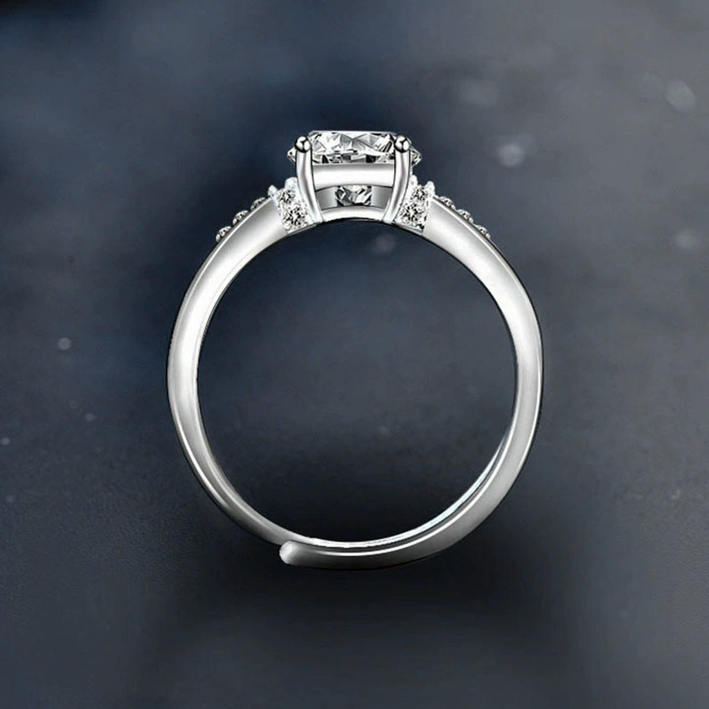 Cathedral Round Moissanite Adjustable Engagement Ring with CZ close-up detail view with moissanite sparkle