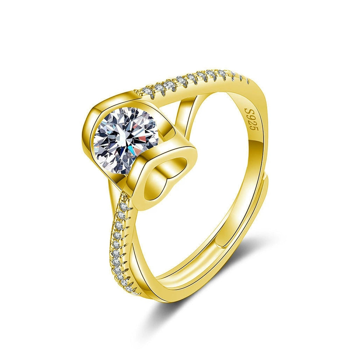 Heart Accent Round Moissanite Adjustable Fashion Ring with CZ in gold-plated S925 sterling silver on clean white background