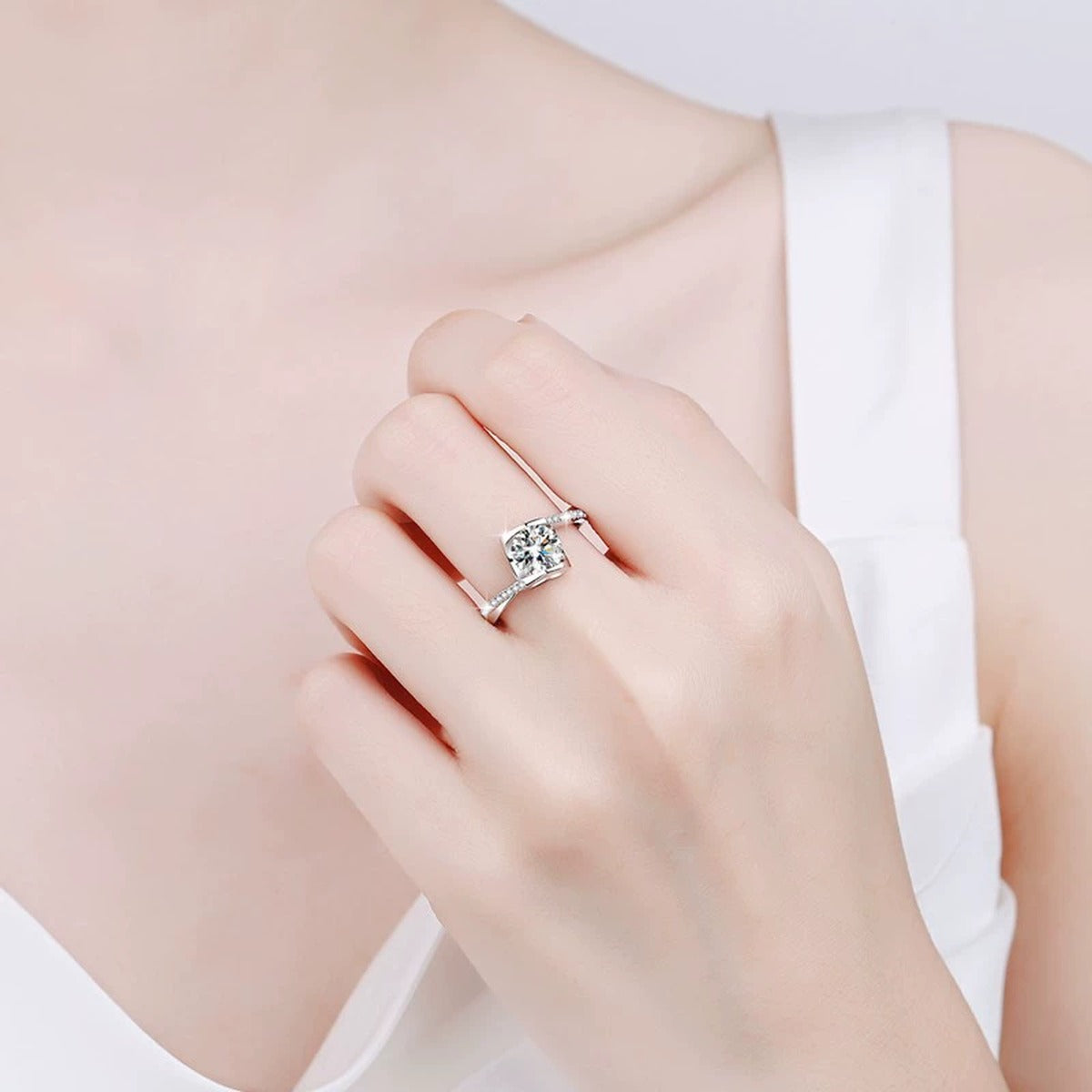 Heart Accent Round Moissanite Adjustable Fashion Ring with CZ worn on hand to show scale, band width, and ring profile