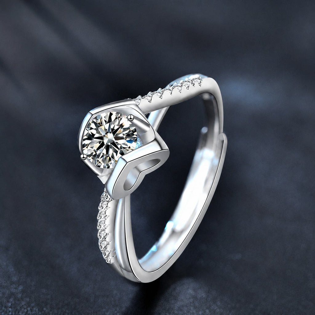 Heart Accent Round Moissanite Adjustable Fashion Ring with CZ close-up detail view with moissanite sparkle
