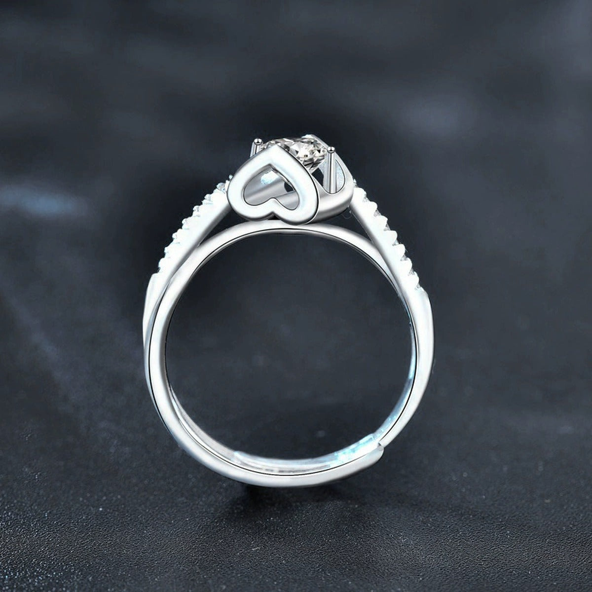 Heart Accent Round Moissanite Adjustable Fashion Ring with CZ close-up detail view with moissanite sparkle