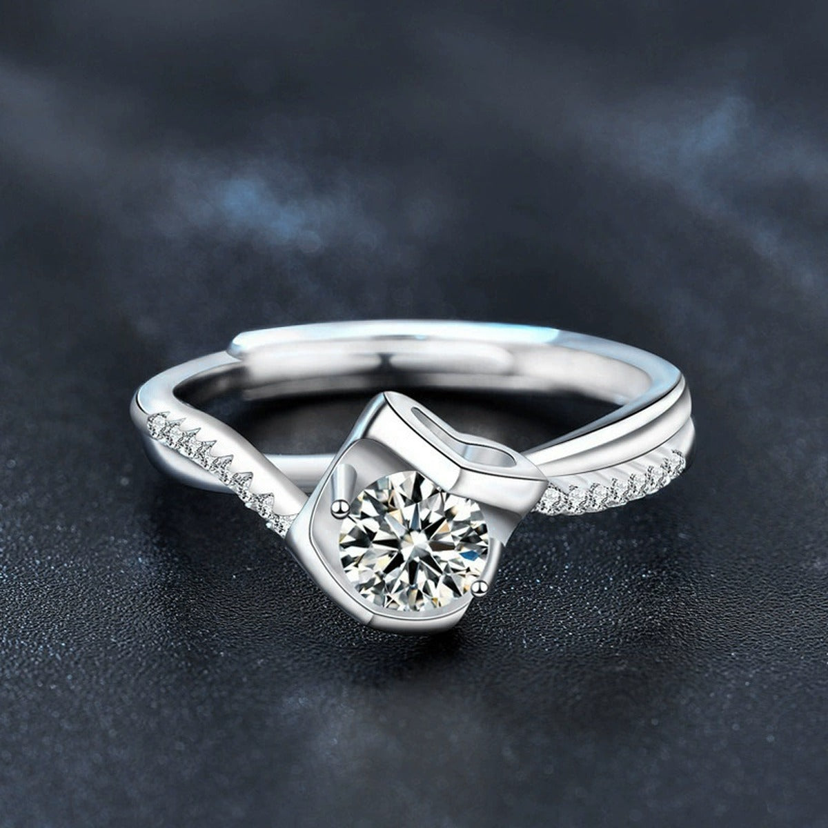 Heart Accent Round Moissanite Adjustable Fashion Ring with CZ close-up detail view with moissanite sparkle