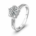 Iris Floral Round Moissanite Adjustable Engagement Ring with CZ in white gold-plated S925 sterling silver on clean white background