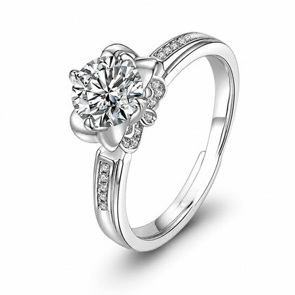 Iris Floral Round Moissanite Adjustable Engagement Ring with CZ in white gold-plated S925 sterling silver on clean white background
