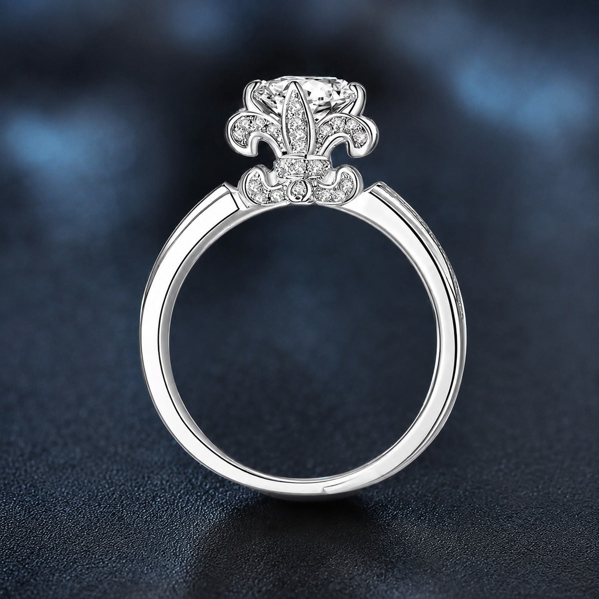 Iris Floral Round Moissanite Adjustable Engagement Ring with CZ product view showing moissanite setting and metal finish