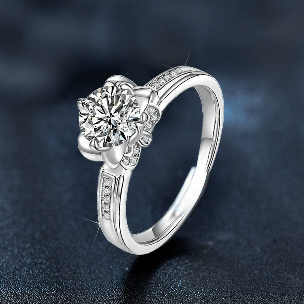 Iris Floral Round Moissanite Adjustable Engagement Ring with CZ product view showing moissanite setting and metal finish