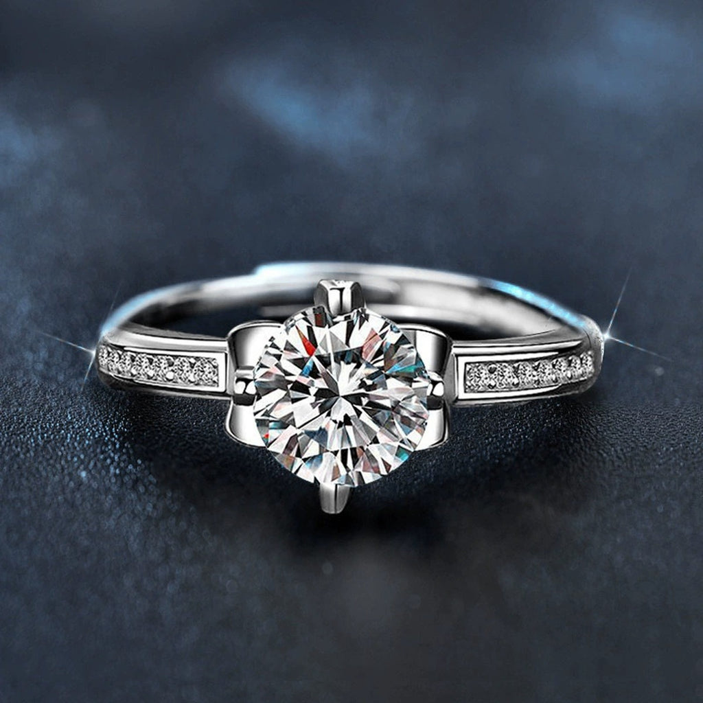 Iris Floral Round Moissanite Adjustable Engagement Ring with CZ product view showing moissanite setting and metal finish