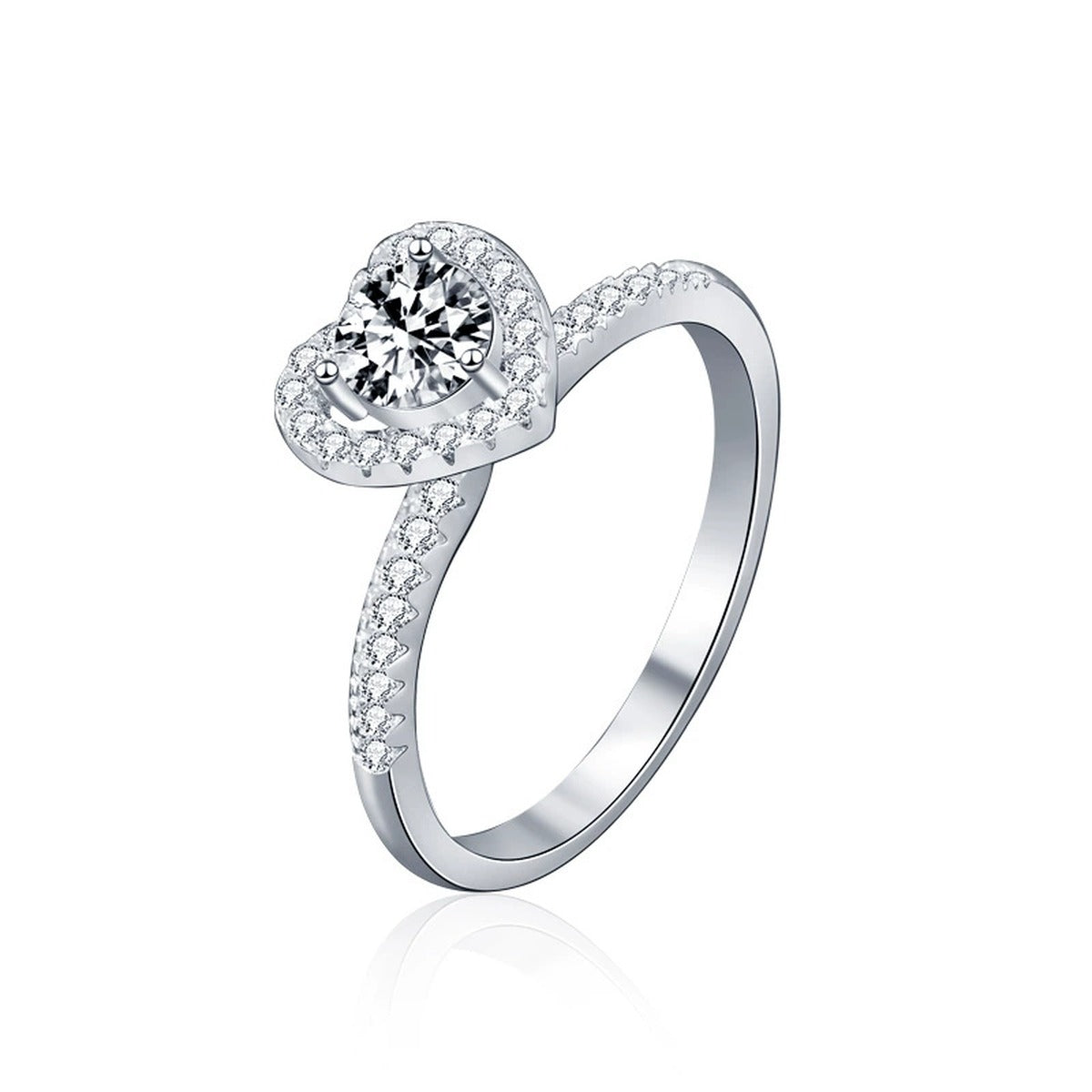 Heart Motif Three-Prong Round Moissanite Engagement Ring with CZ in white gold-plated S925 sterling silver on clean white background